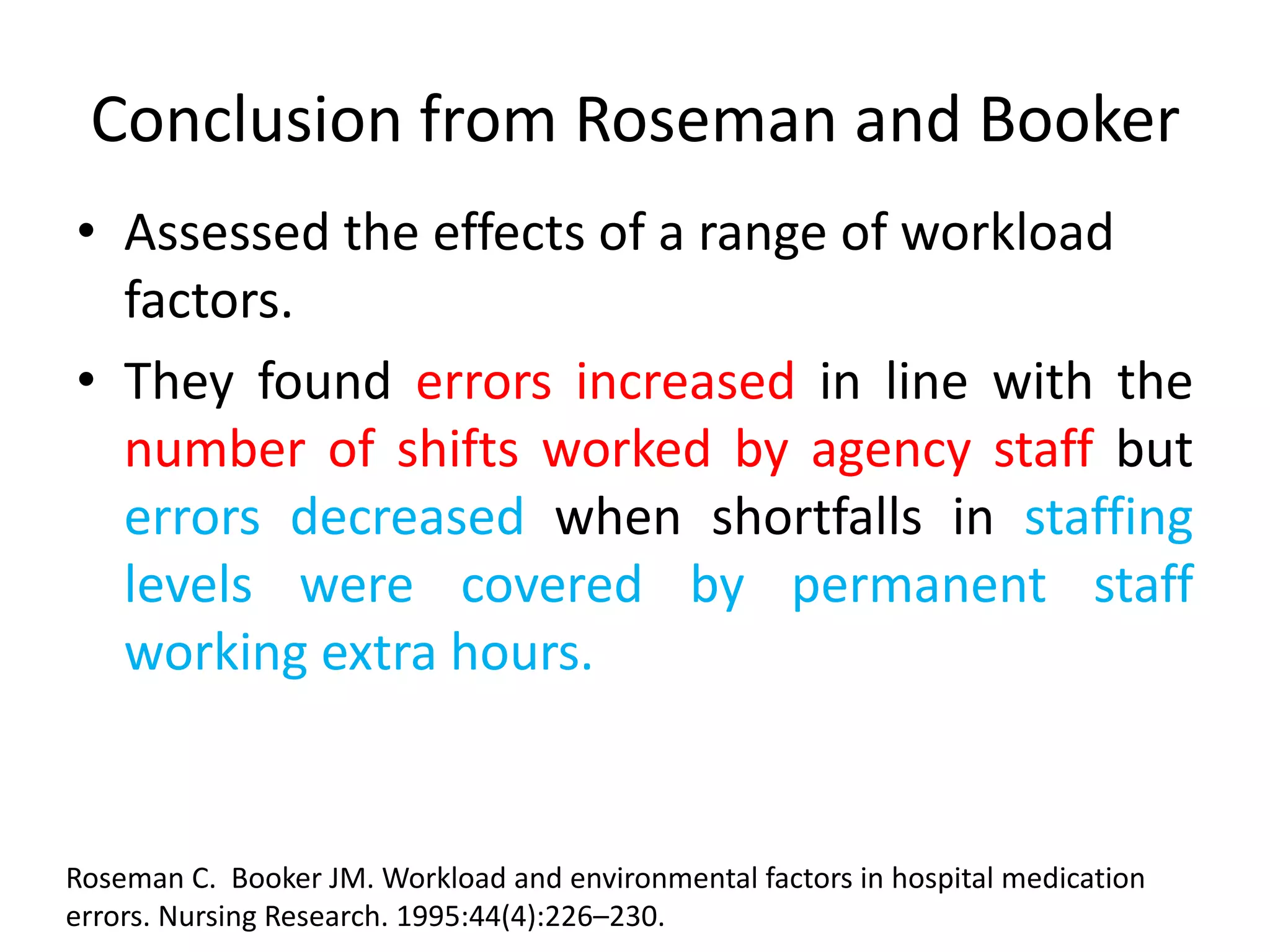 Conclusion from Roseman and Booker
• Assessed the effects of a range of workload
factors.
• They found errors increased in line with the
number of shifts worked by agency staff but
errors decreased when shortfalls in staffing
levels were covered by permanent staff
working extra hours.
Roseman C. Booker JM. Workload and environmental factors in hospital medication
errors. Nursing Research. 1995:44(4):226–230.
 