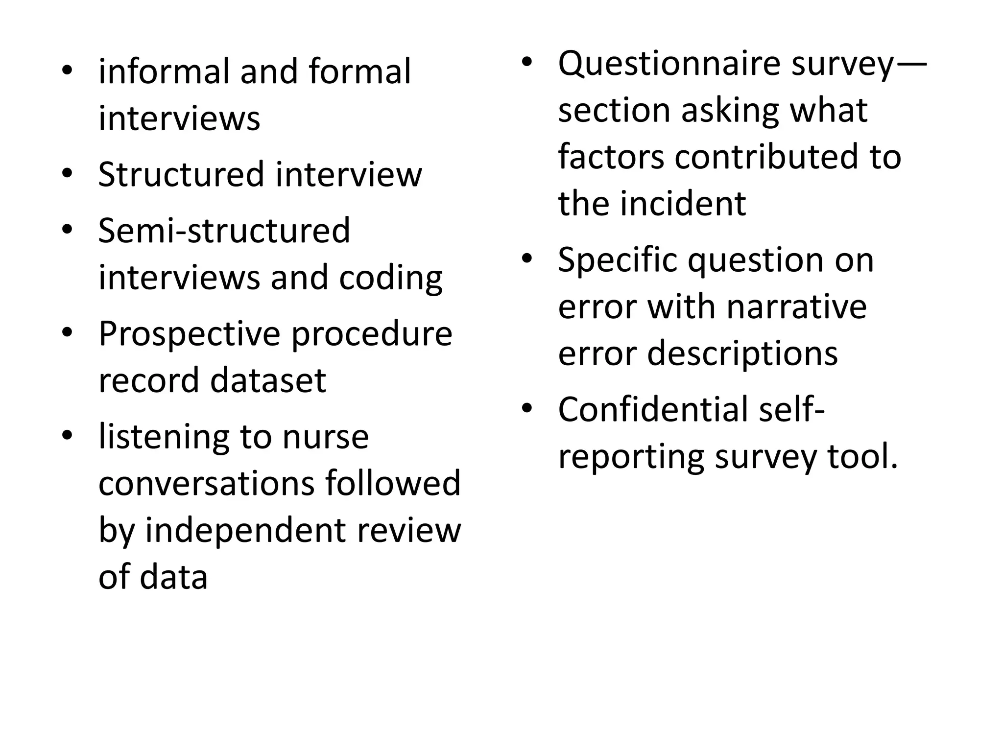 • informal and formal
interviews
• Structured interview
• Semi-structured
interviews and coding
• Prospective procedure
record dataset
• listening to nurse
conversations followed
by independent review
of data
• Questionnaire survey—
section asking what
factors contributed to
the incident
• Specific question on
error with narrative
error descriptions
• Confidential self-
reporting survey tool.
 