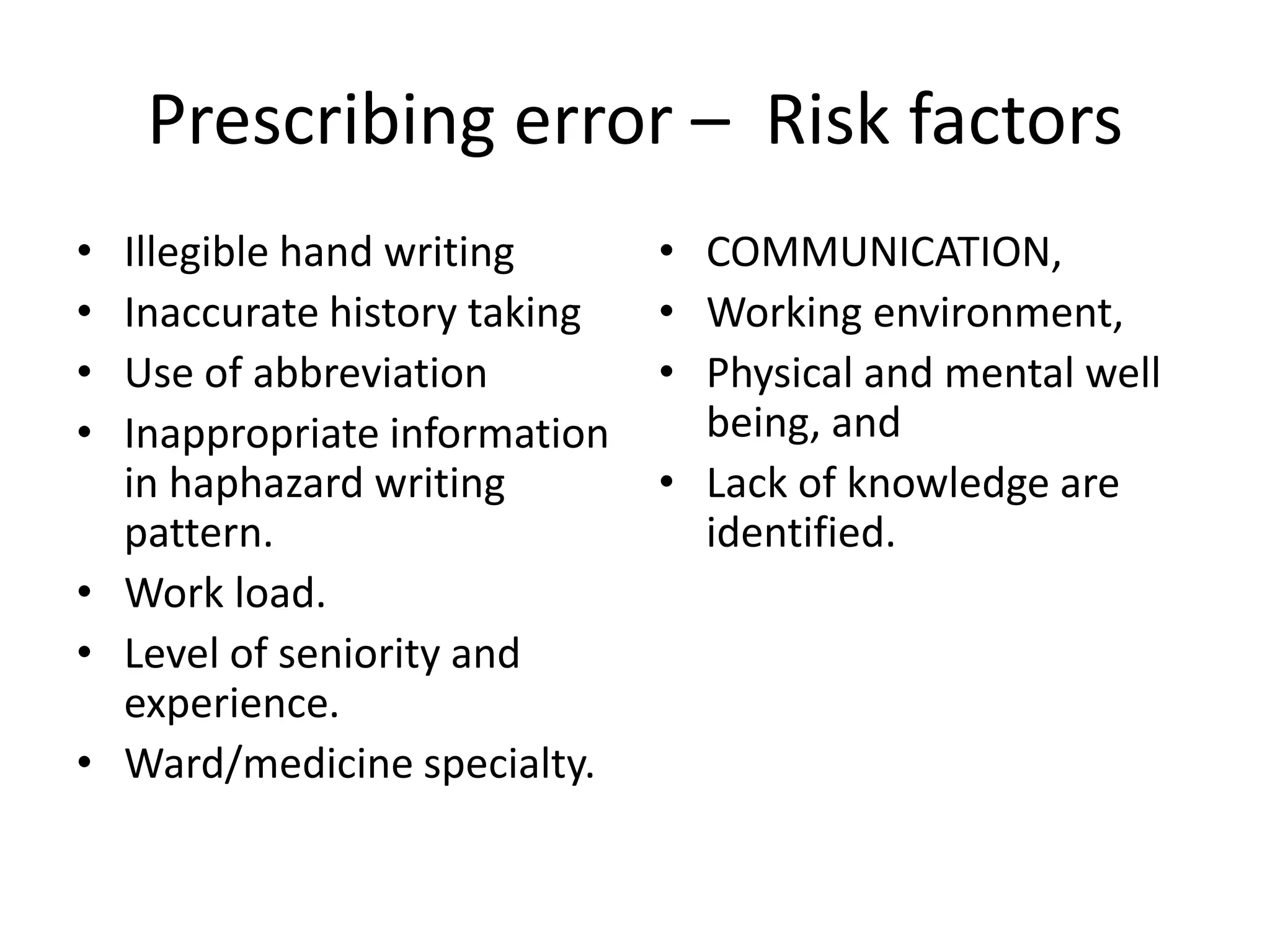 Prescribing error – Risk factors
• Illegible hand writing
• Inaccurate history taking
• Use of abbreviation
• Inappropriate information
in haphazard writing
pattern.
• Work load.
• Level of seniority and
experience.
• Ward/medicine specialty.
• COMMUNICATION,
• Working environment,
• Physical and mental well
being, and
• Lack of knowledge are
identified.
 