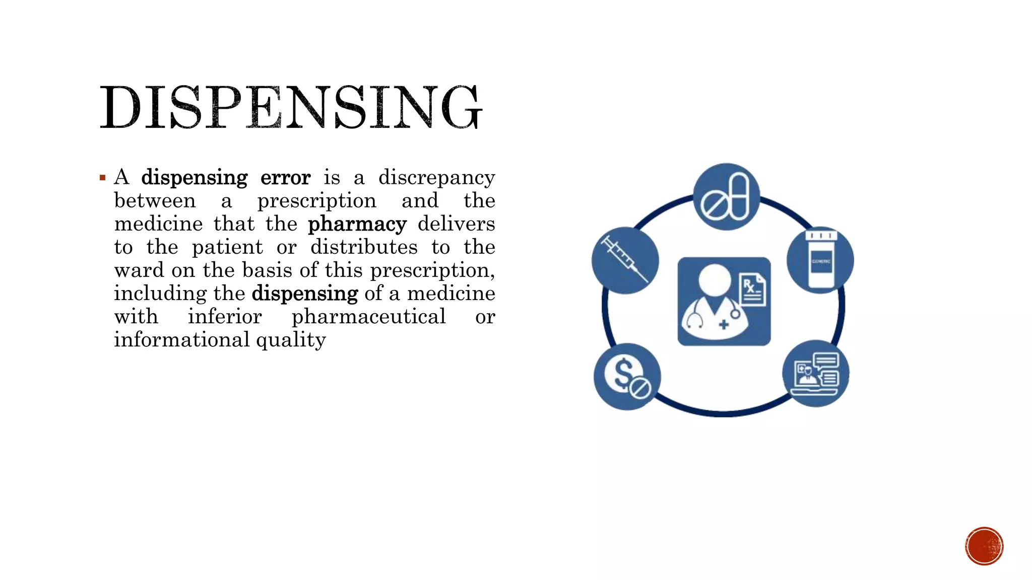  A dispensing error is a discrepancy
between a prescription and the
medicine that the pharmacy delivers
to the patient or distributes to the
ward on the basis of this prescription,
including the dispensing of a medicine
with inferior pharmaceutical or
informational quality
 