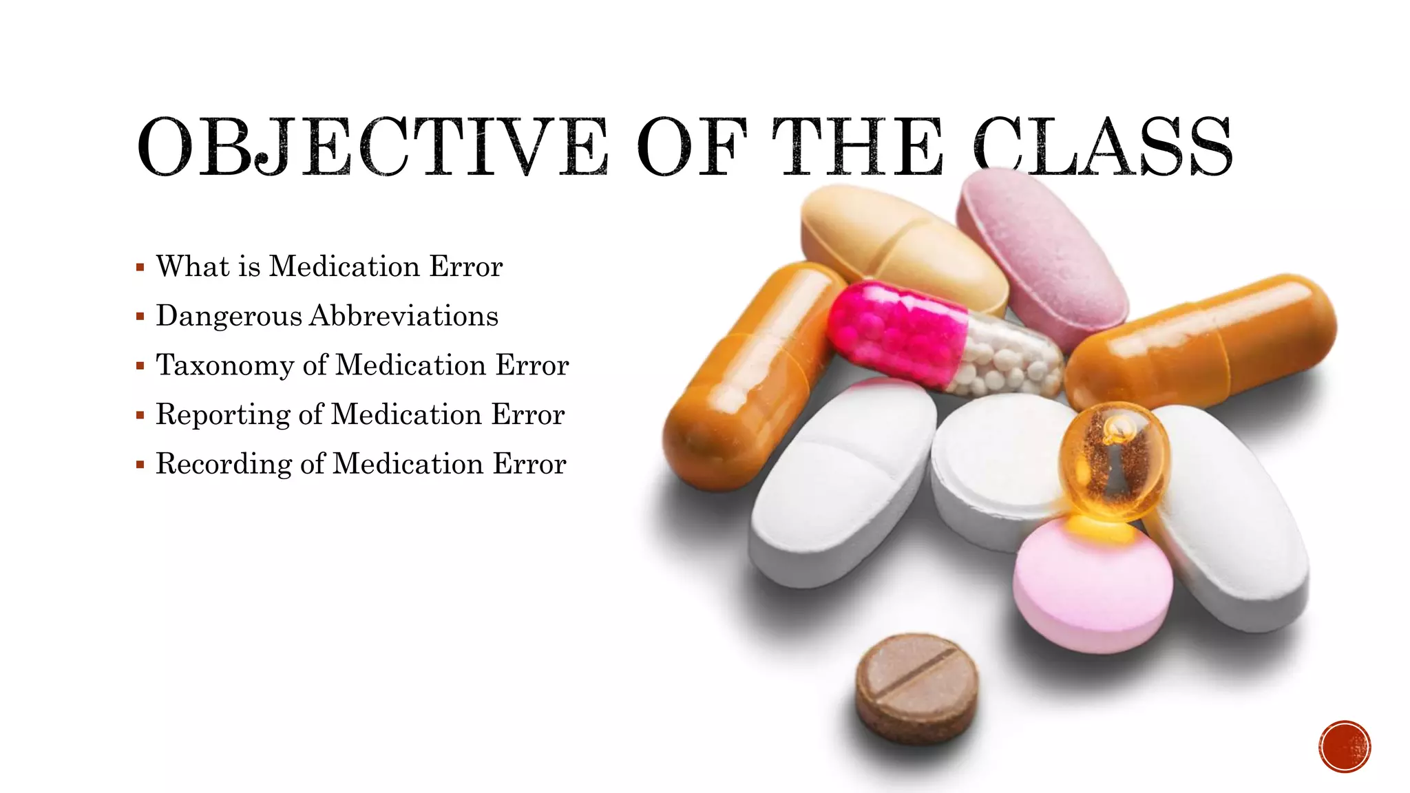  What is Medication Error
 Dangerous Abbreviations
 Taxonomy of Medication Error
 Reporting of Medication Error
 Recording of Medication Error
 