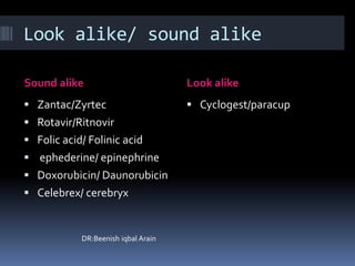 Look alike/ sound alike
Sound alike Look alike
 Zantac/Zyrtec
 Rotavir/Ritnovir
 Folic acid/ Folinic acid
 ephederine/ epinephrine
 Doxorubicin/ Daunorubicin
 Celebrex/ cerebryx
DR:Beenish iqbal Arain
 Cyclogest/paracup
 