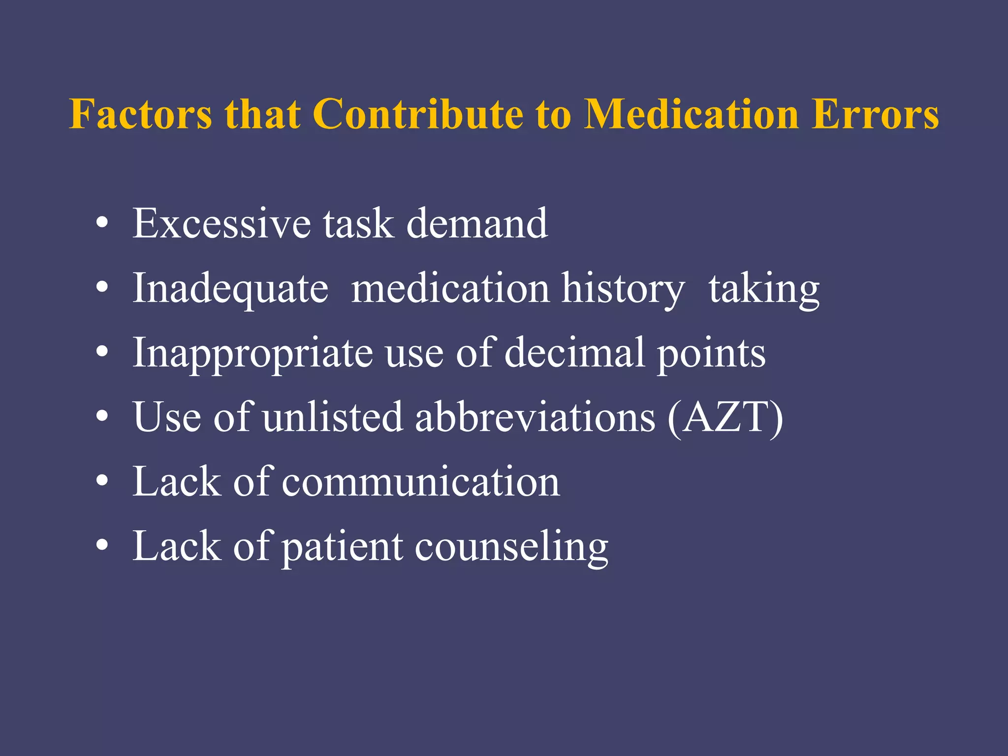 Factors that Contribute to Medication Errors
• Excessive task demand
• Inadequate medication history taking
• Inappropriate use of decimal points
• Use of unlisted abbreviations (AZT)
• Lack of communication
• Lack of patient counseling
 