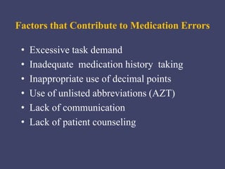 Factors that Contribute to Medication Errors
• Excessive task demand
• Inadequate medication history taking
• Inappropriate use of decimal points
• Use of unlisted abbreviations (AZT)
• Lack of communication
• Lack of patient counseling
 