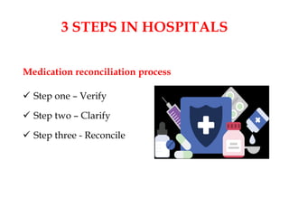 3 STEPS IN HOSPITALS
Medication reconciliation process
 Step one – Verify
 Step two – Clarify
 Step three - Reconcile
 
