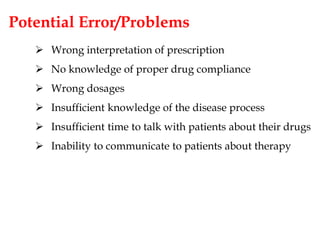 Potential Error/Problems
 Wrong interpretation of prescription
 No knowledge of proper drug compliance
 Wrong dosages
 Insufficient knowledge of the disease process
 Insufficient time to talk with patients about their drugs
 Inability to communicate to patients about therapy
 