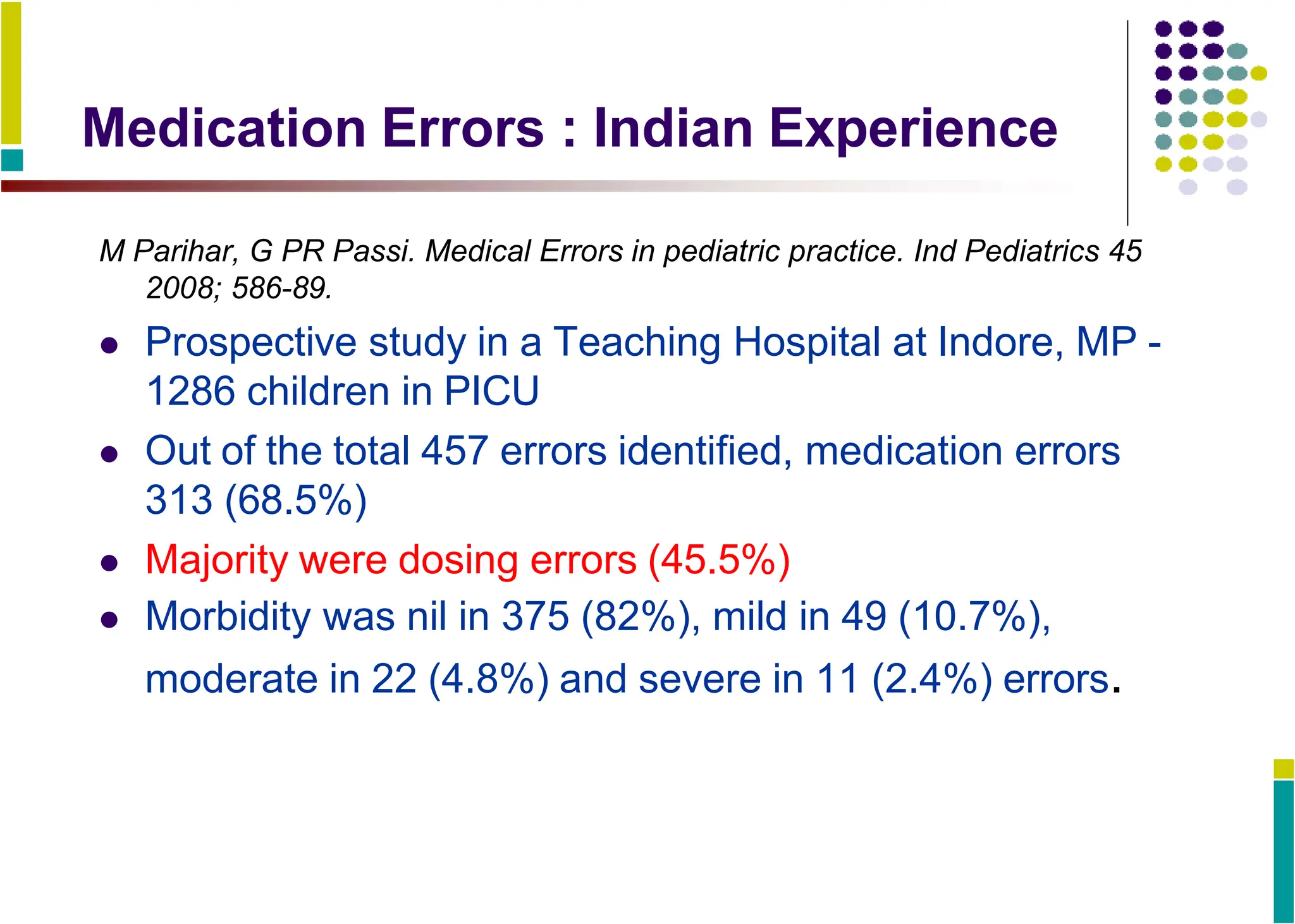 Medication Errors : Indian Experience
M Parihar, G PR Passi. Medical Errors in pediatric practice. Ind Pediatrics 45
2008; 586-89.
 Prospective study in a Teaching Hospital at Indore, MP -
1286 children in PICU
 Out of the total 457 errors identified, medication errors
313 (68.5%)
 Majority were dosing errors (45.5%)
 Morbidity was nil in 375 (82%), mild in 49 (10.7%),
moderate in 22 (4.8%) and severe in 11 (2.4%) errors.
 