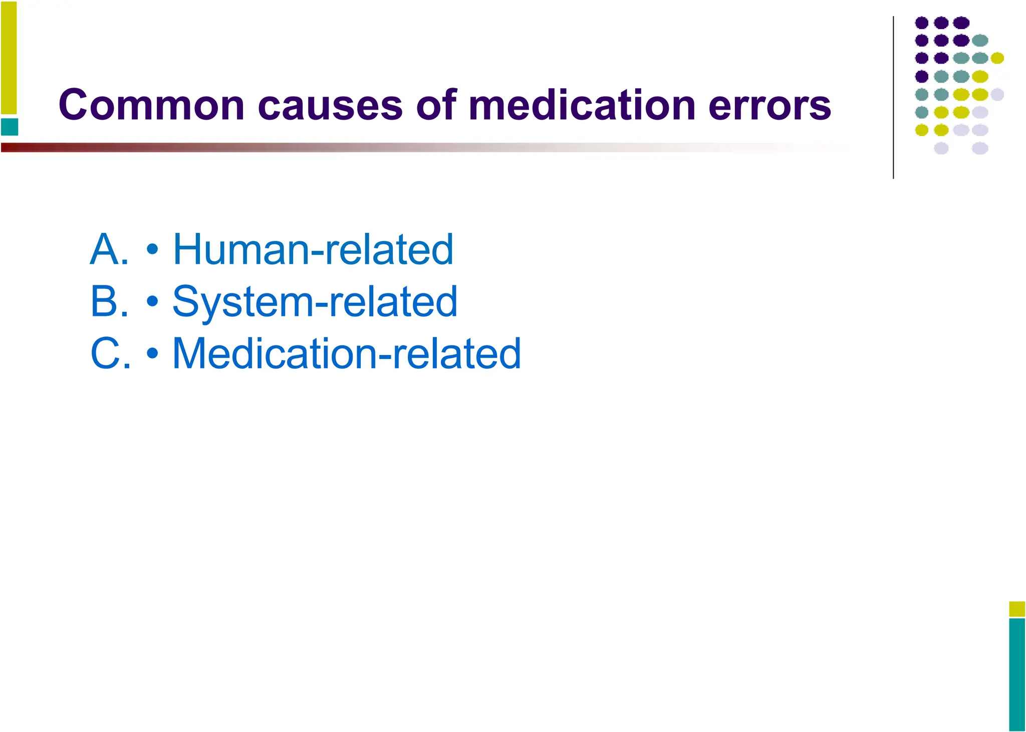 Common causes of medication errors
A. • Human-related
B. • System-related
C. • Medication-related
 