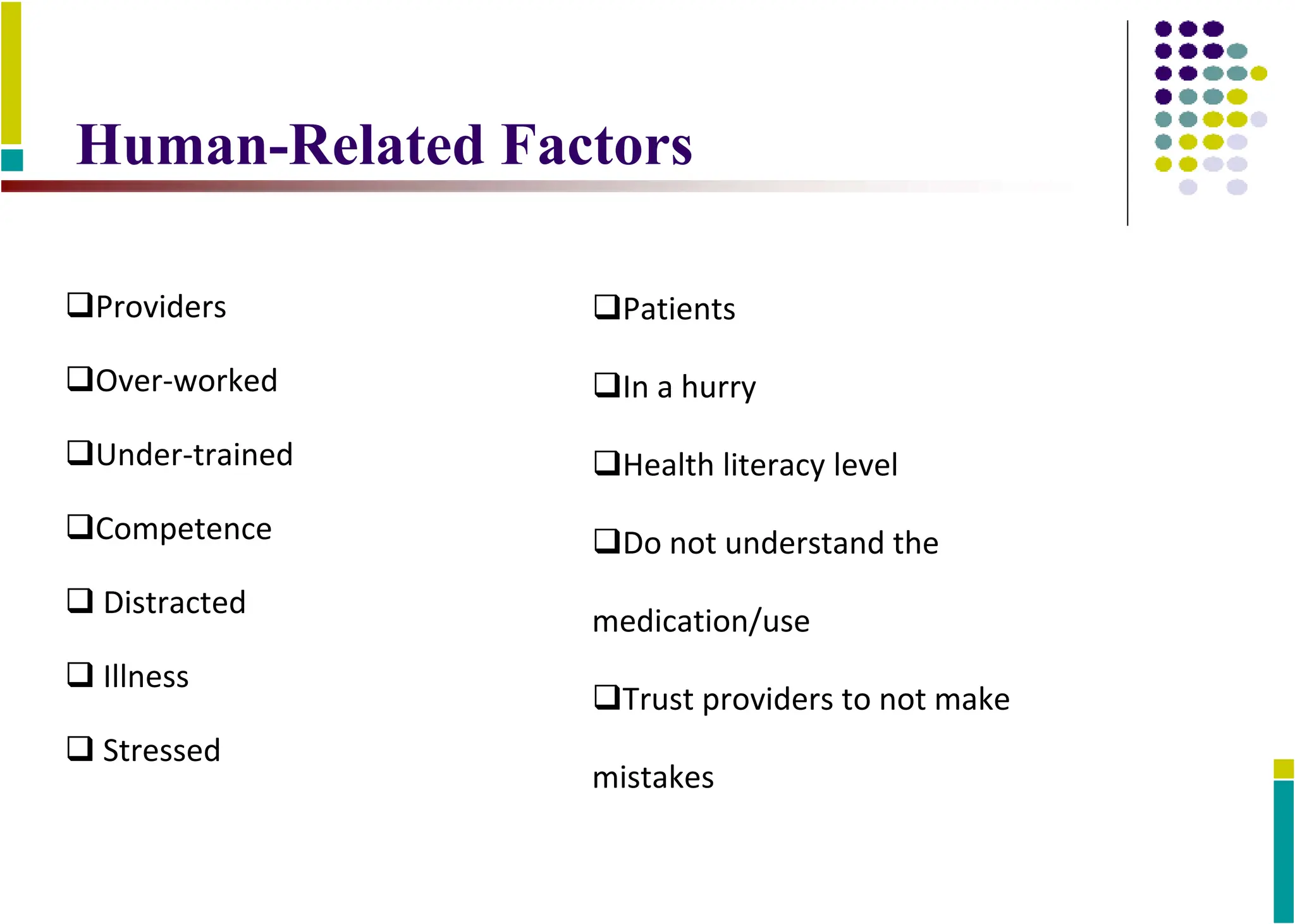 Human-Related Factors
Providers
Over-worked
Under-trained
Competence
 Distracted
 Illness
 Stressed
Patients
In a hurry
Health literacy level
Do not understand the
medication/use
Trust providers to not make
mistakes
 