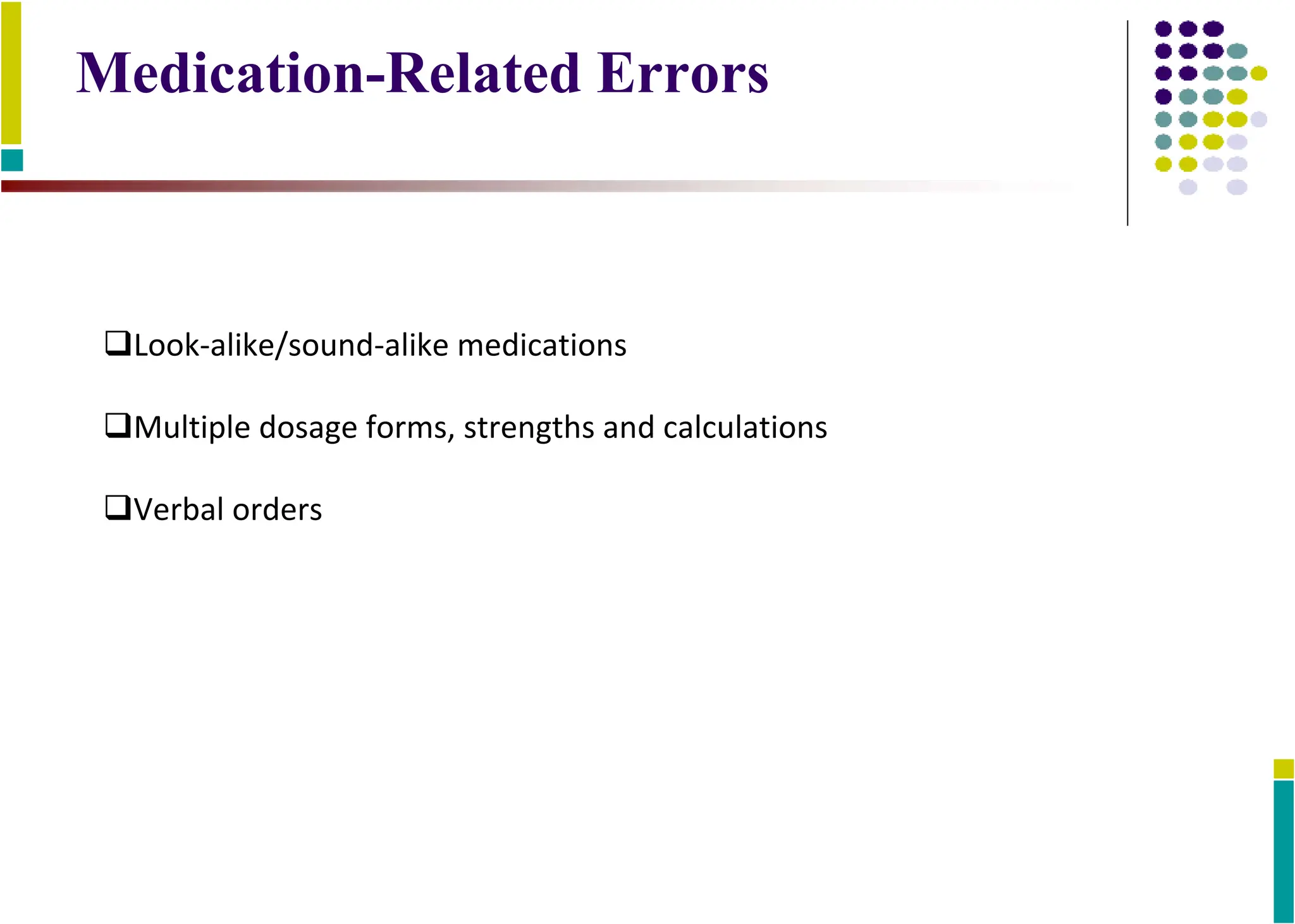Medication-Related Errors
Look-alike/sound-alike medications
Multiple dosage forms, strengths and calculations
Verbal orders
 