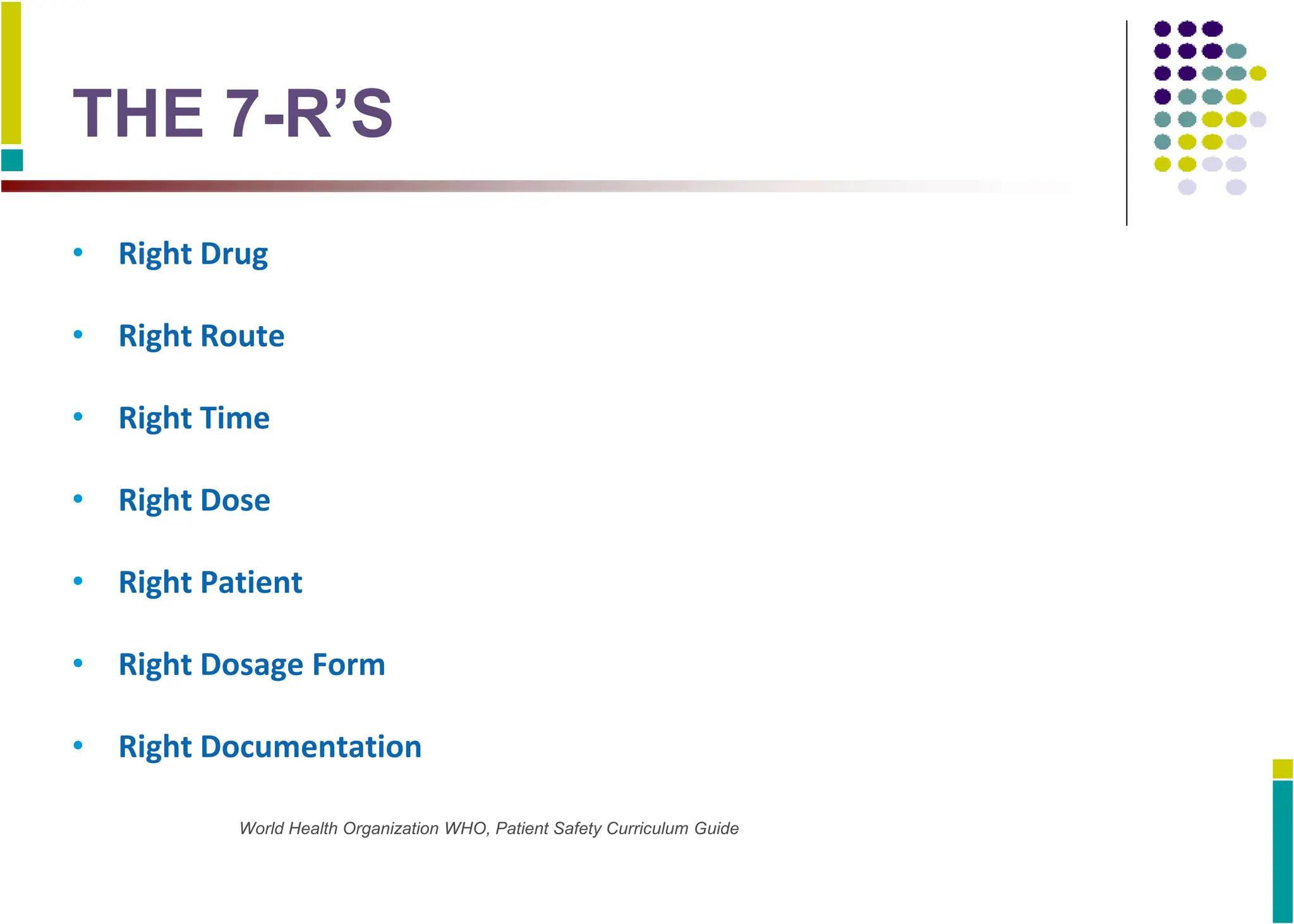 THE 7-R’S
• Right Drug
• Right Route
• Right Time
• Right Dose
• Right Patient
• Right Dosage Form
• Right Documentation
World Health Organization WHO, Patient Safety Curriculum Guide
 