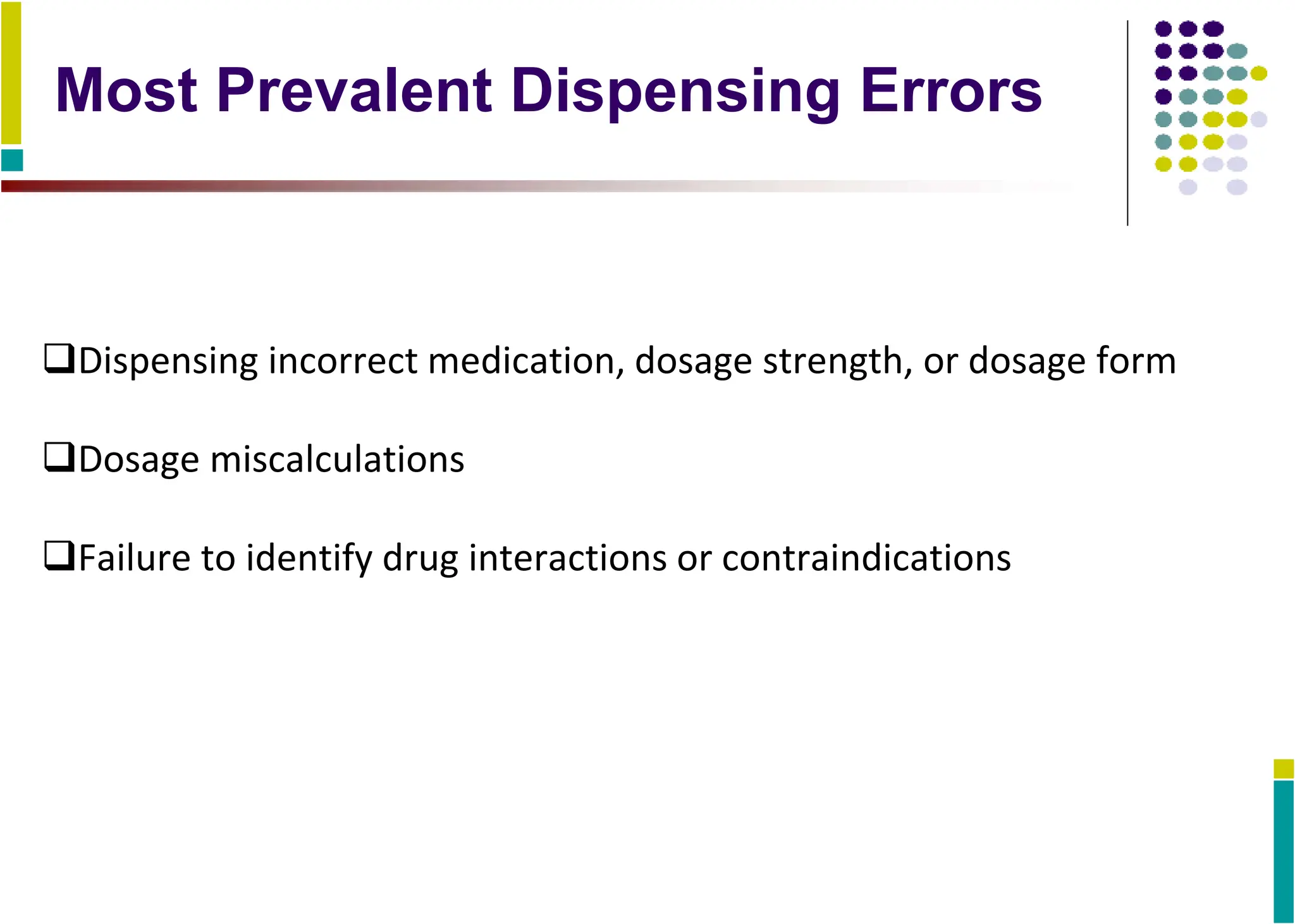 Most Prevalent Dispensing Errors
Dispensing incorrect medication, dosage strength, or dosage form
Dosage miscalculations
Failure to identify drug interactions or contraindications
 