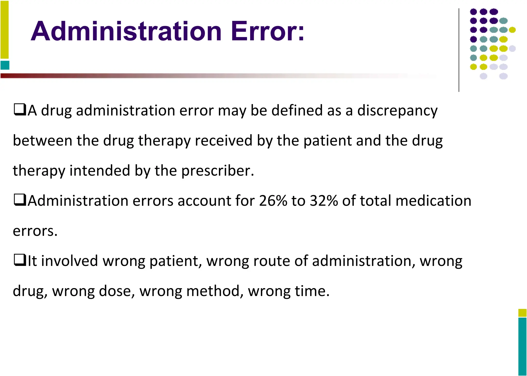 Administration Error:
A drug administration error may be defined as a discrepancy
between the drug therapy received by the patient and the drug
therapy intended by the prescriber.
Administration errors account for 26% to 32% of total medication
errors.
It involved wrong patient, wrong route of administration, wrong
drug, wrong dose, wrong method, wrong time.
 