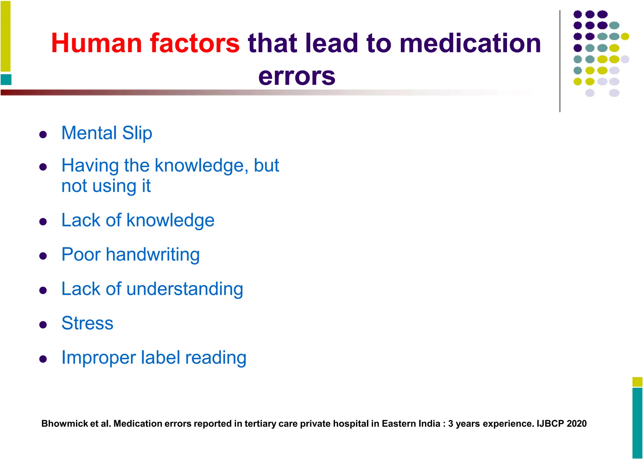 Human factors that lead to medication
errors
 Mental Slip
 Having the knowledge, but
not using it
 Lack of knowledge
 Poor handwriting
 Lack of understanding
 Stress
 Improper label reading
Bhowmick et al. Medication errors reported in tertiary care private hospital in Eastern India : 3 years experience. IJBCP 2020
 