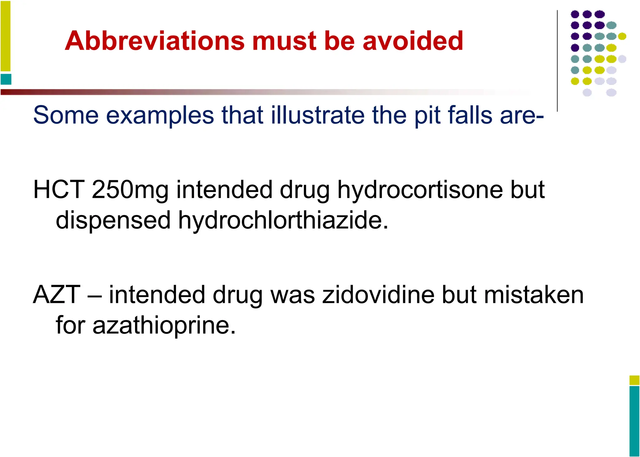 Abbreviations must be avoided
Some examples that illustrate the pit falls are-
HCT 250mg intended drug hydrocortisone but
dispensed hydrochlorthiazide.
AZT – intended drug was zidovidine but mistaken
for azathioprine.
 