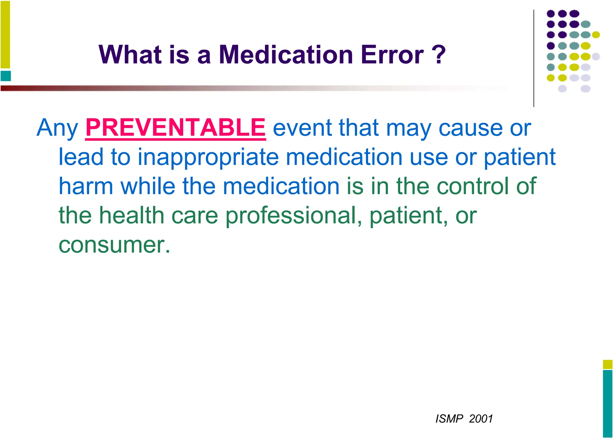 What is a Medication Error ?
Any PREVENTABLE event that may cause or
lead to inappropriate medication use or patient
harm while the medication is in the control of
the health care professional, patient, or
consumer.
ISMP 2001
 
