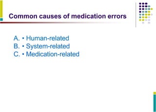 Common causes of medication errors
A. • Human-related
B. • System-related
C. • Medication-related
 