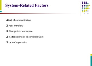 System-Related Factors
Lack of communication
 Poor workflow
 Disorganized workspace
 Inadequate tools to complete work
 Lack of supervision
 