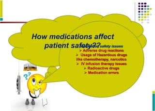 How medications affect
patient safM
e
ed
tiy
ca?
tio?
n safety issues
 Adverse drug reactions
 Usage of Hazardous drugs
like chemotherapy, narcotics
 IV infusion therapy issues
 Radioactive drugs
 Medication errors
 