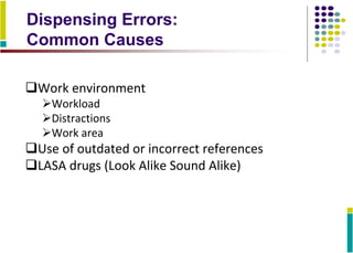 Dispensing Errors:
Common Causes
Work environment
Workload
Distractions
Work area
Use of outdated or incorrect references
LASA drugs (Look Alike Sound Alike)
 