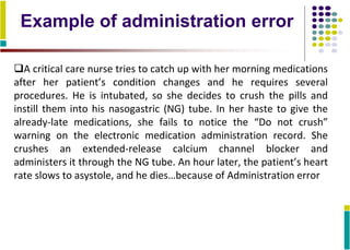 Example of administration error
A critical care nurse tries to catch up with her morning medications
after her patient’s condition changes and he requires several
procedures. He is intubated, so she decides to crush the pills and
instill them into his nasogastric (NG) tube. In her haste to give the
already-late medications, she fails to notice the “Do not crush”
warning on the electronic medication administration record. She
crushes an extended-release calcium channel blocker and
administers it through the NG tube. An hour later, the patient’s heart
rate slows to asystole, and he dies…because of Administration error
 