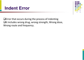 Indent Error
Error that occurs during the process of indenting
It includes wrong drug, wrong strength, Wrong dose,
Wrong route and frequency.
 