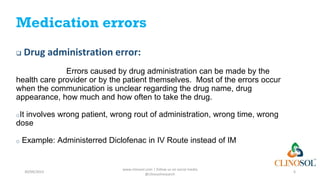Medication errors
 Drug administration error:
Errors caused by drug administration can be made by the
health care provider or by the patient themselves. Most of the errors occur
when the communication is unclear regarding the drug name, drug
appearance, how much and how often to take the drug.
oIt involves wrong patient, wrong rout of administration, wrong time, wrong
dose
o Example: Administerred Diclofenac in IV Route instead of IM
30/09/2023
www.clinosol.com | follow us on social media
@clinosolresearch
6
 