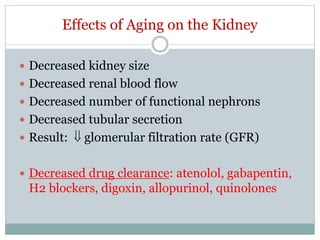 Effects of Aging on the Kidney
 Decreased kidney size
 Decreased renal blood flow
 Decreased number of functional nephrons
 Decreased tubular secretion
 Result:  glomerular filtration rate (GFR)
 Decreased drug clearance: atenolol, gabapentin,
H2 blockers, digoxin, allopurinol, quinolones
 