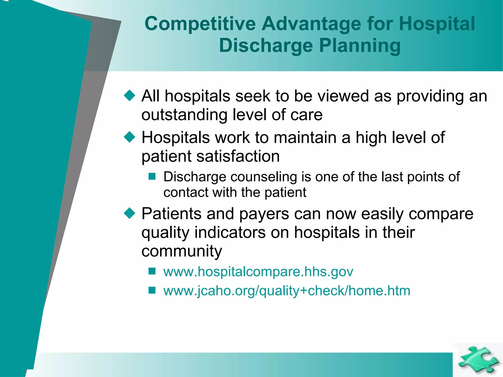 Competitive Advantage for Hospital Discharge Planning All hospitals seek to be viewed as providing an outstanding level of care  Hospitals work to maintain a high level of patient satisfaction Discharge counseling is one of the last points of contact with the patient  Patients and payers can now easily compare quality indicators on hospitals in their community www.hospitalcompare.hhs.gov   www.jcaho.org/quality+check/home.htm 