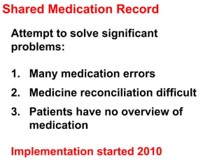 23
Shared Medication Record
Attempt to solve significant
problems:
1. Many medication errors
2. Medicine reconciliation di...