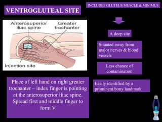 INCLUDES GLUTEUS MUSCLE & MINIMUS
VENTROGLUTEAL SITE


                                                  A deep site

                                             Situated away from
                                             major nerves & blood
                                             vessels

                                                Less chance of
                                                contamination

  Place of left hand on right greater      Easily identified by a
trochanter – index finger is pointing      prominent bony landmark
   at the anterosuperior iliac spine.
  Spread first and middle finger to
                form V
 
