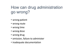 How can drug administration
go wrong?
• wrong patient
• wrong route
• wrong time
• wrong dose
• wrong drug
• omission, failure to administer
• inadequate documentation
 