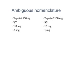 Ambiguous nomenclature
• Tegretol 100mg
• S/C
• 1.0 mg
• .1 mg
• Tegreto 1100 mg
• S/L
• 10 mg
• 1 mg
 