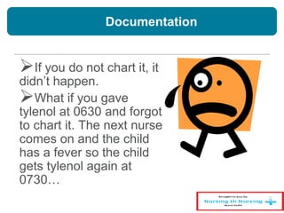 Documentation
If you do not chart it, it
didn’t happen.
What if you gave
tylenol at 0630 and forgot
to chart it. The next nurse
comes on and the child
has a fever so the child
gets tylenol again at
0730…
 