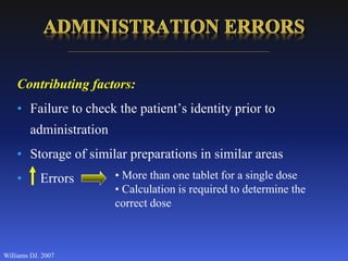 Contributing factors:
• Failure to check the patient’s identity prior to
administration
• Storage of similar preparations in similar areas
• Errors
Williams DJ. 2007
• More than one tablet for a single dose
• Calculation is required to determine the
correct dose
 