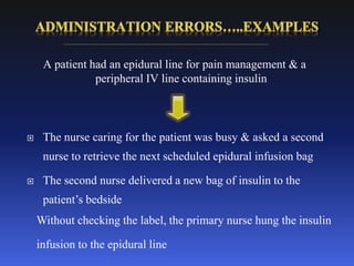 A patient had an epidural line for pain management & a
peripheral IV line containing insulin
 The nurse caring for the patient was busy & asked a second
nurse to retrieve the next scheduled epidural infusion bag
 The second nurse delivered a new bag of insulin to the
patient’s bedside
Without checking the label, the primary nurse hung the insulin
infusion to the epidural line
 