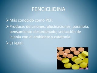FENCICLIDINA
Más conocido como PCF.
Produce: delusiones, alucinaciones, paranoia,
pensamiento desordenado, sensación de
lejanía con el ambiente y catatonia.
Es legal.
 