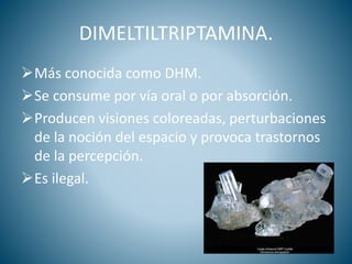 DIMELTILTRIPTAMINA.
Más conocida como DHM.
Se consume por vía oral o por absorción.
Producen visiones coloreadas, perturbaciones
de la noción del espacio y provoca trastornos
de la percepción.
Es ilegal.
 