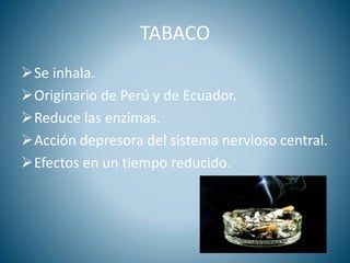 TABACO
Se inhala.
Originario de Perú y de Ecuador.
Reduce las enzimas.
Acción depresora del sistema nervioso central.
Efectos en un tiempo reducido.
 