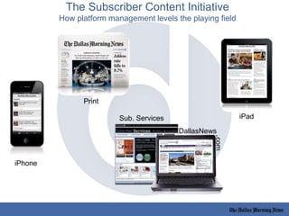 Print
iPad
iPhone
Sub. Services
DallasNews
.com
The Subscriber Content Initiative
How platform management levels the playi...