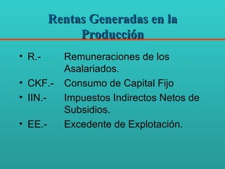 Rentas Generadas en la Producción R.- Remuneraciones de los  Asalariados. CKF.- Consumo de Capital Fijo IIN.- Impuestos Indirectos Netos de  Subsidios. EE.- Excedente de Explotación. 