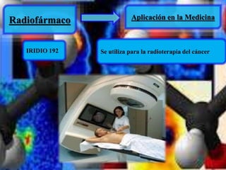 Radiofármaco Aplicación en la Medicina 
IRIDIO 192 Se utiliza para la radioterapia del cáncer 
 