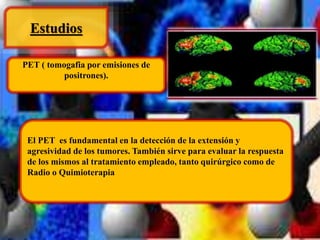 Estudios 
PET ( tomogafia por emisiones de 
positrones). 
El PET es fundamental en la detección de la extensión y 
agresividad de los tumores. También sirve para evaluar la respuesta 
de los mismos al tratamiento empleado, tanto quirúrgico como de 
Radio o Quimioterapia 
 