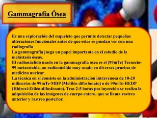 Gammagrafía Ósea 
Es una exploración del esqueleto que permite detectar pequeñas 
alteraciones funcionales antes de que estas se puedan ver con una 
radiografía 
La gammagrafía juega un papel importante en el estudio de la 
metástasis óseas. 
El radionúclido usado en la gammagrafía ósea es el (99mTc) Tecnecio- 
99 metaestable, un radionúclido muy usado en diversas pruebas de 
medicina nuclear. 
La técnica en sí consiste en la administración intravenosa de 10-20 
milicurios de 99mTc-MDP (Metilén difosfonato) o de 99mTc-HEDP 
(Hidroxi-Etilén-difosfonato). Tras 2-5 horas pos inyección se realiza la 
adquisición de las imágenes de cuerpo entero, que se llama rastreo 
anterior y rastreo posterior. 
 