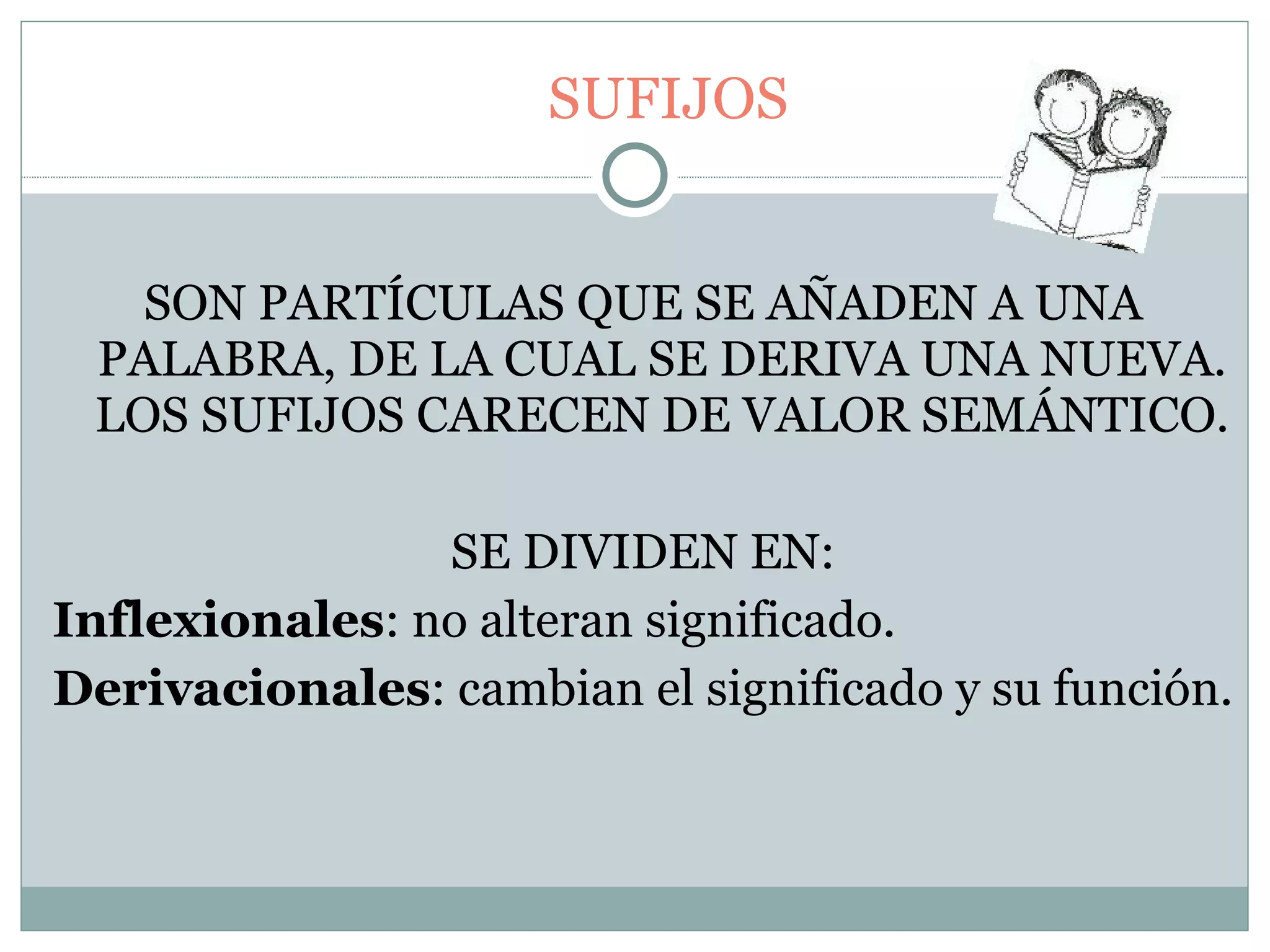 SUFIJOS SON PARTÍCULAS QUE SE AÑADEN A UNA PALABRA, DE LA CUAL SE DERIVA UNA NUEVA. LOS SUFIJOS CARECEN DE VALOR SEMÁNTICO. SE DIVIDEN EN: Inflexionales : no alteran significado. Derivacionales : cambian el significado y su función.  