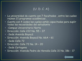 • La universidad da cuenta con 7 facultades , entre las cuales
reúnen 21 programas académicos .
• Cuenta con 4 cedes las cueles están capacitadas para suplir
todas las necesidades del estudiante :
• -Campus Universitario Norte
• Dirección: Calle 222 No. 55 – 37
• -Sede Avenida Boyacá
• Dirección: Avenida Boyacá No. 66A – 61
• -Sede Calle 72
• Dirección: Calle 72 No. 14 – 20
• -Sede Cartagena
• Dirección: Avenida Pedro de Heredia Calle 31 No. 18b - 17
 