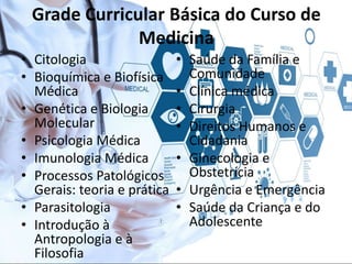 Grade Curricular Básica do Curso de
Medicina
• Citologia
• Bioquímica e Biofísica
Médica
• Genética e Biologia
Molecular
• Psicologia Médica
• Imunologia Médica
• Processos Patológicos
Gerais: teoria e prática
• Parasitologia
• Introdução à
Antropologia e à
Filosofia
• Saúde da Família e
Comunidade
• Clínica médica
• Cirurgia
• Direitos Humanos e
Cidadania
• Ginecologia e
Obstetrícia
• Urgência e Emergência
• Saúde da Criança e do
Adolescente
 