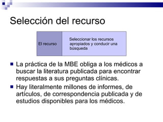Selección del recurso  La práctica de la MBE obliga a los médicos a buscar la literatura publicada para encontrar respuestas a sus preguntas clínicas.  Hay literalmente millones de informes, de artículos, de correspondencia publicada y de estudios disponibles para los médicos. El recurso  Seleccionar los recursos apropiados y conducir una búsqueda 