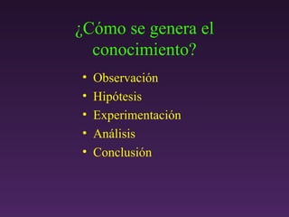 ¿C ómo se genera el conocimiento? Observaci ón Hipótesis Experimentación  Análisis Conclusión 
