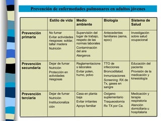 Sistema de Salud Biología Medio ambiente Estilo de vida Medicación y terapia respiratoria Atención domiciliaria u hospitalaria Oxígeno suplementario Traqueostomía Rx TX por Ca. Casa en planta baja Evitar irritantes Apoyo familiar Dejar de fumar Nutrición Institucionaliza ción Prevención terciaria Educación del paciente Provisión de la medicación y kinesiología TTO de infecciones Broncodilatad. Inmunizaciones Screening: RX de Tx, gases en sangre Reglamentaciones laborales Evitar polen, humo, polvo Dejar de fumar Nutrición Protección en actividades riesgosas Prevención secundaria Investigación sobre salud ocupacional Antecedentes familiares (asma, epoc) Supervisión del lugar de trabajo, respeto de las normas laborales Contaminación del aire Alergenos No fumar Evitar actividades riesgosas: soldar, tallar madera Nutrición Prevención primaria Prevención de enfermedades pulmonares en adultos jóvenes 